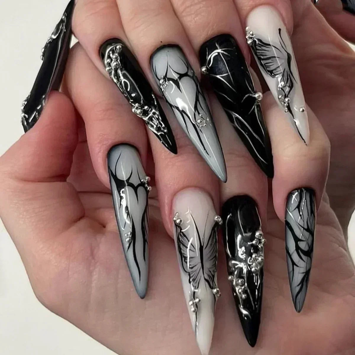 24Pcs Press on Nails, Silver Bow with Diamond with Glue Almond Nail Set