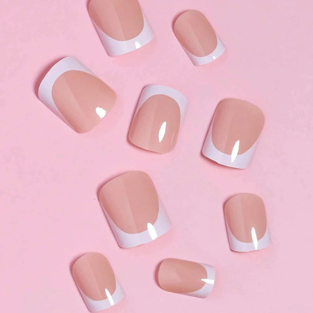 French Style Natural Nude White Tip Glossy Press On Nails
