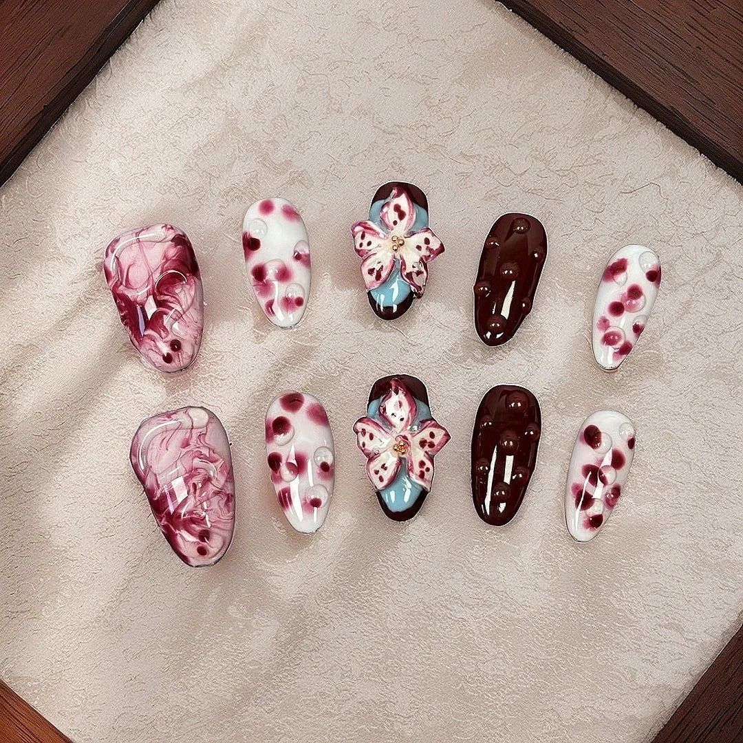 10Pcs Red Handmade 3D Carved White Flower False Nails