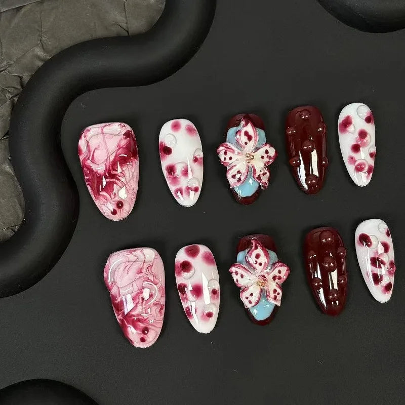10Pcs Red Handmade 3D Carved White Flower False Nails