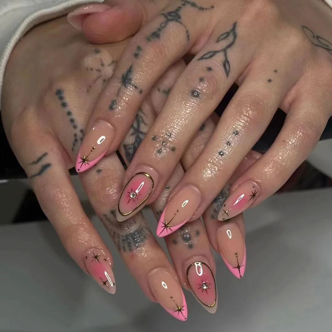 24Pcs Press on Nails, Silver Bow with Diamond with Glue Almond Nail Set