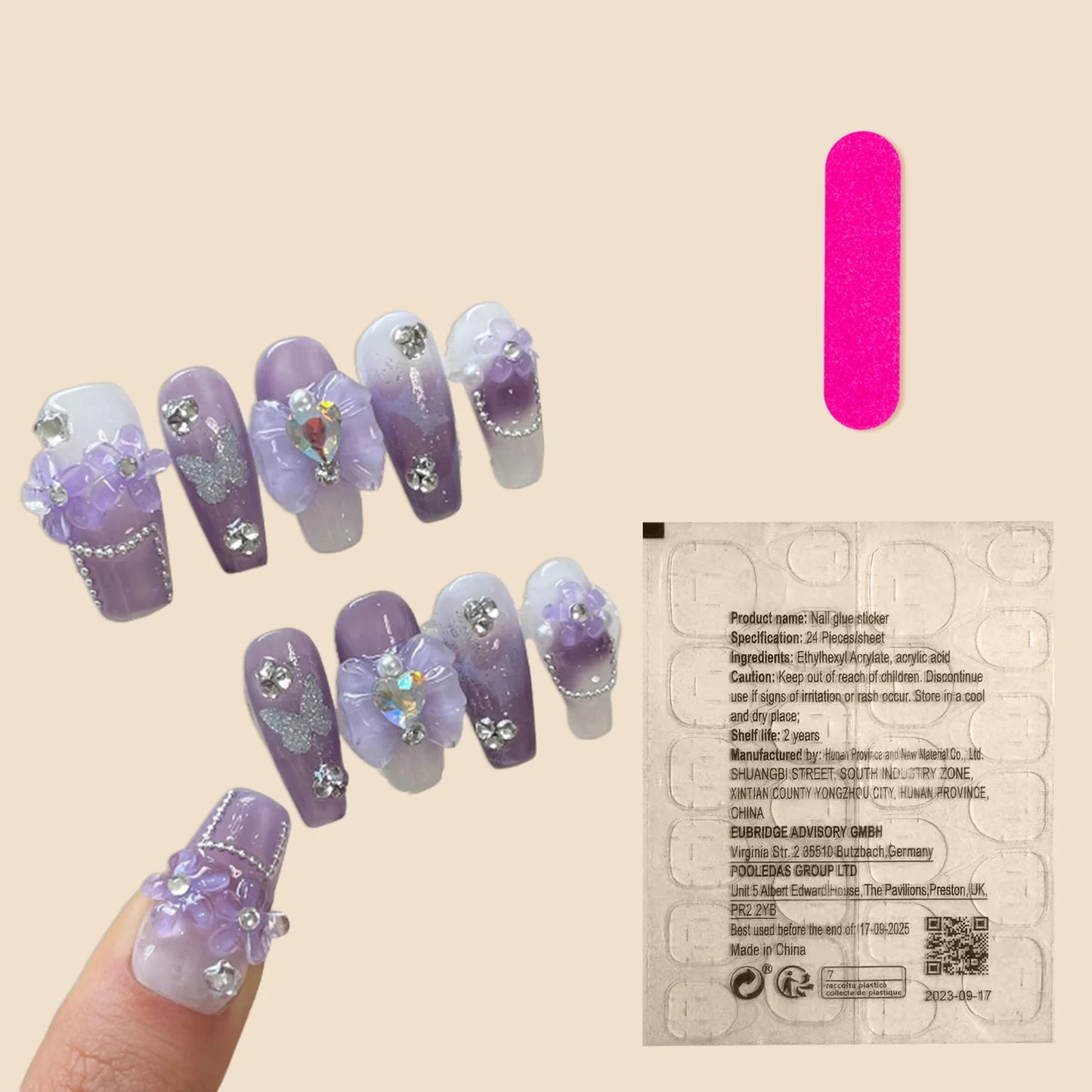Purple Handmade 3D Flower Butterfly Designs press on Nails