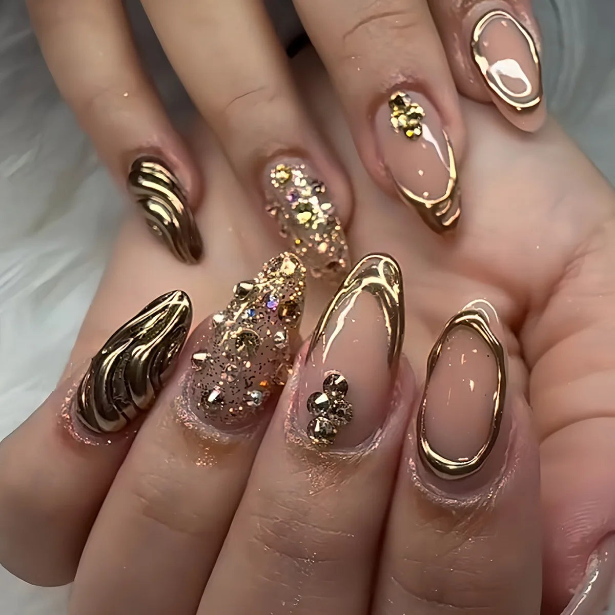 24Pcs Press on Nails, Silver Bow with Diamond with Glue Almond Nail Set