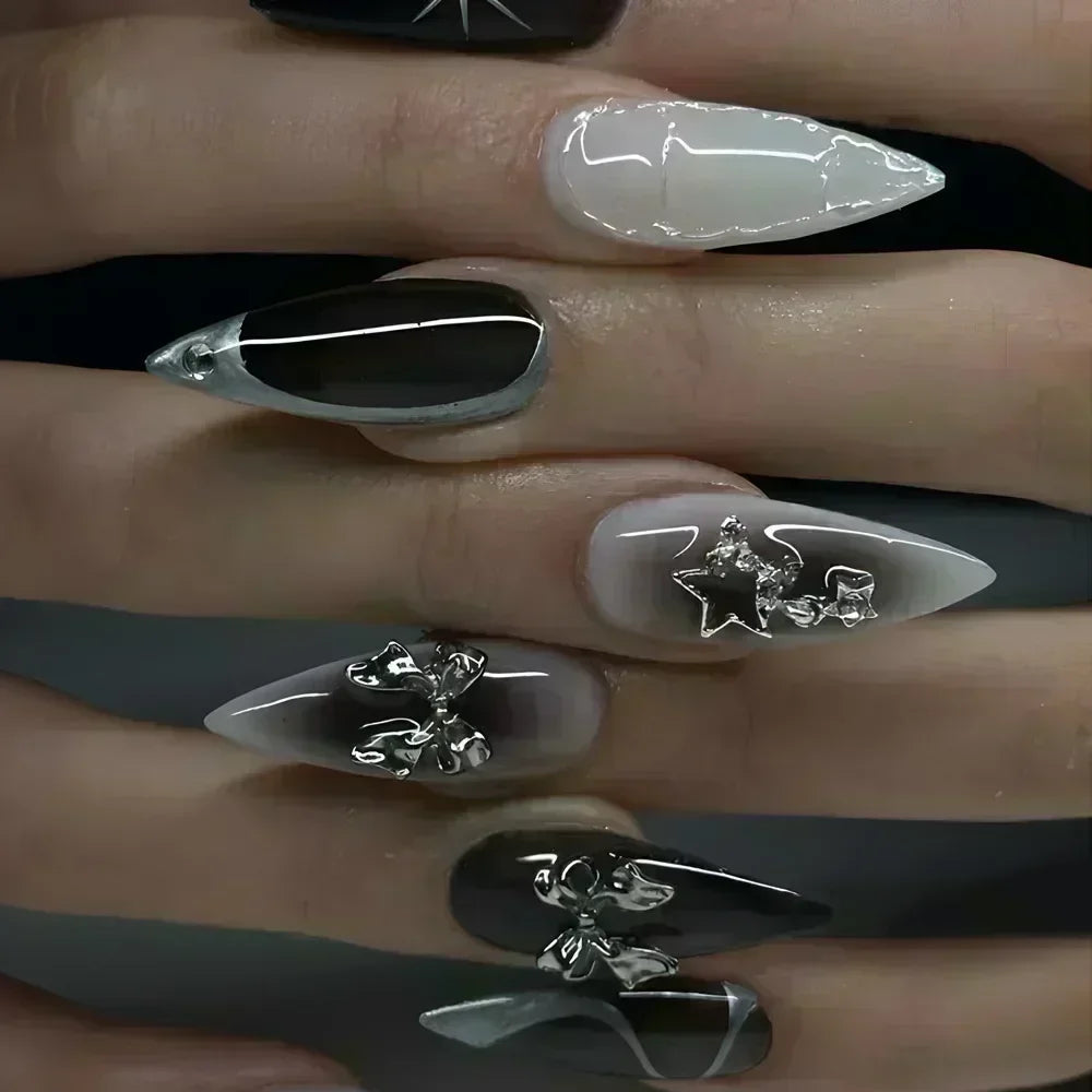 24Pcs Press on Nails, Silver Bow with Diamond with Glue Almond Nail Set