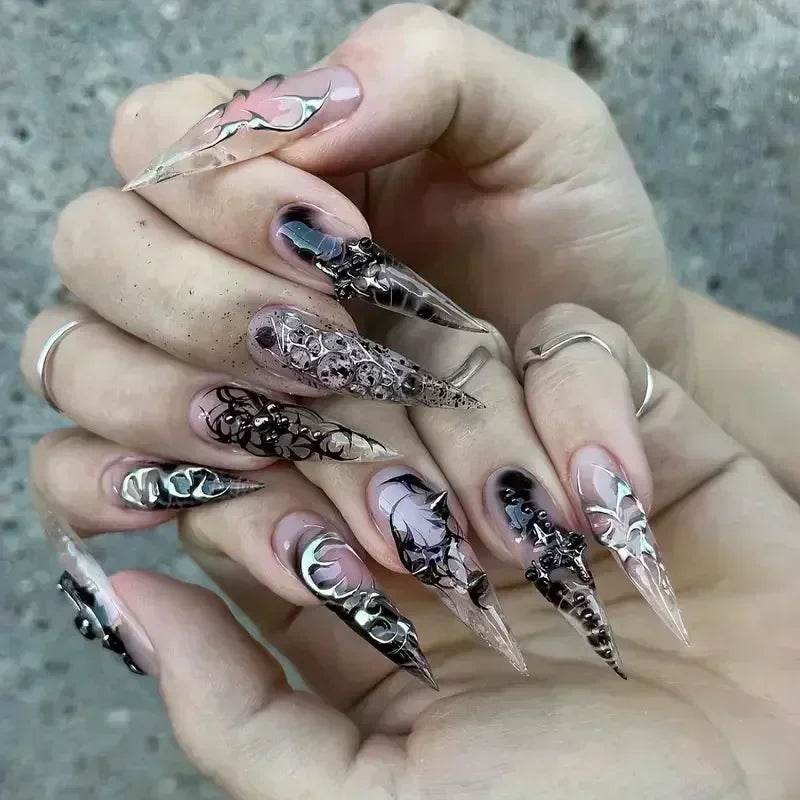 24Pcs Press on Nails, Silver Bow with Diamond with Glue Almond Nail Set