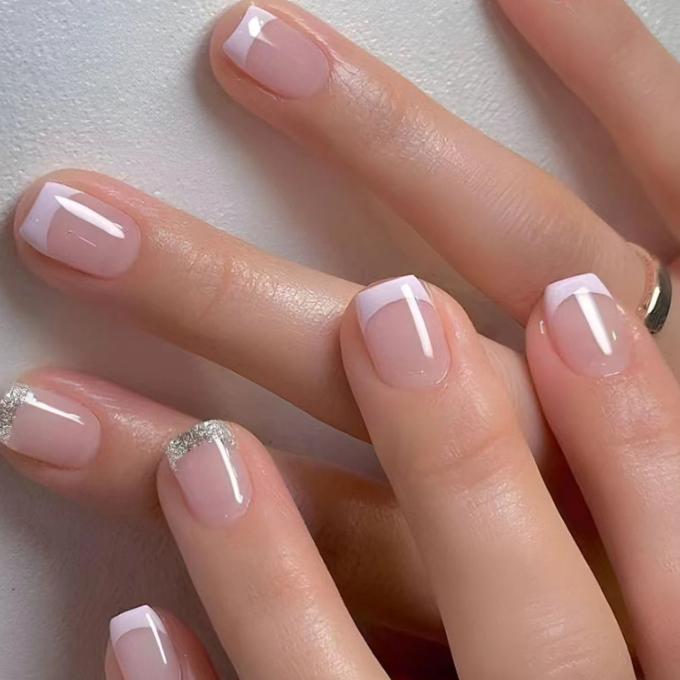 French Style Natural Nude White Tip Glossy Press On Nails