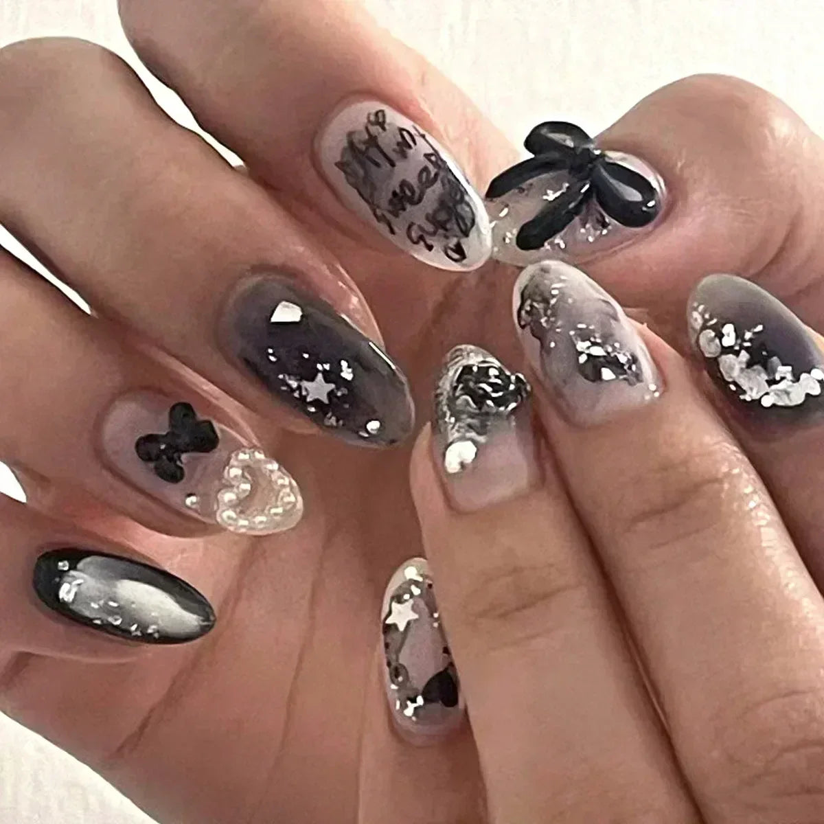 24Pcs Press on Nails, Silver Bow with Diamond with Glue Almond Nail Set