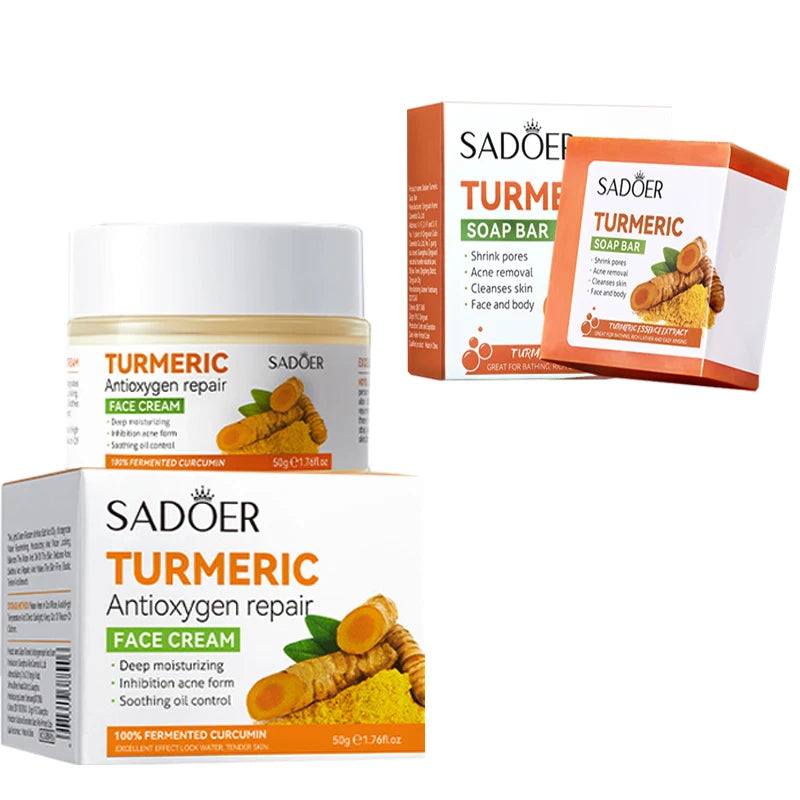 Natural Handmade Turmeric Soap Face Cream Serum Skin Care Set