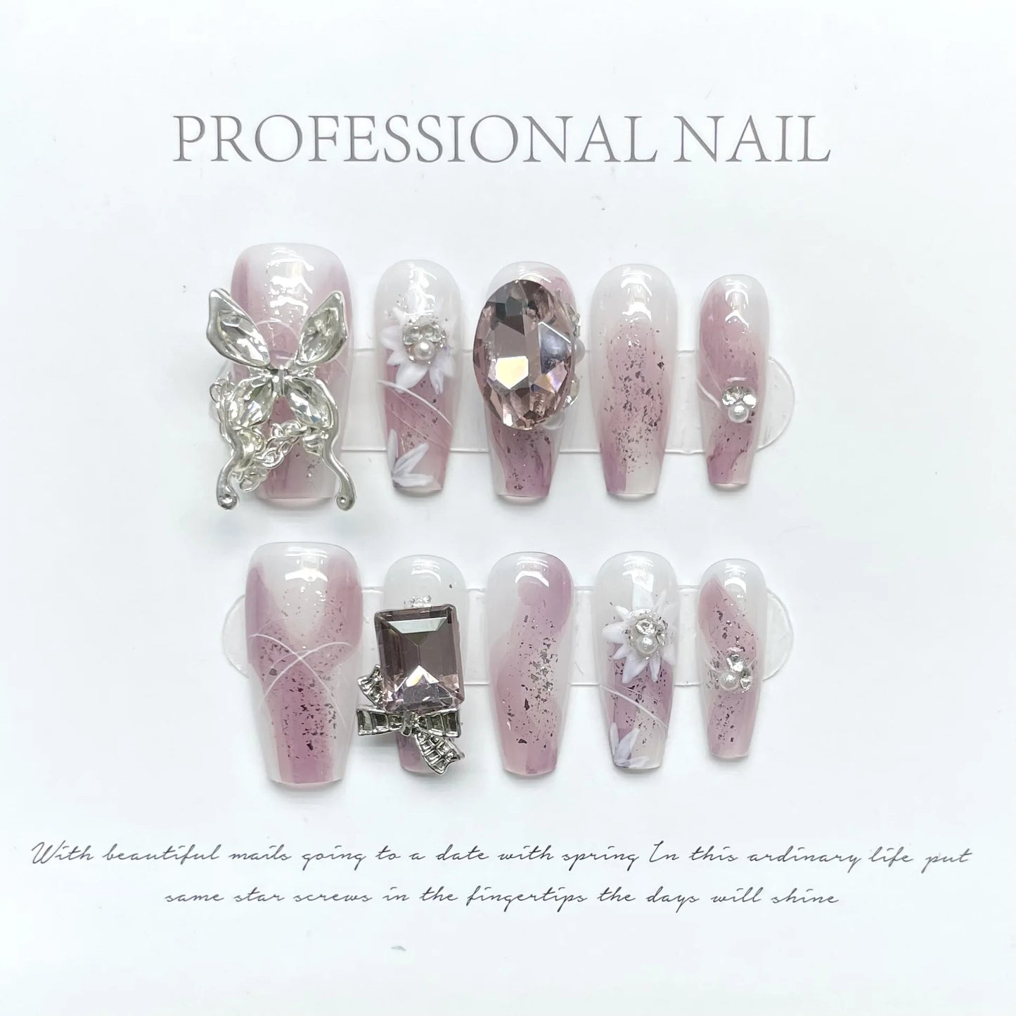 Purple Handmade 3D Flower Butterfly Designs press on Nails