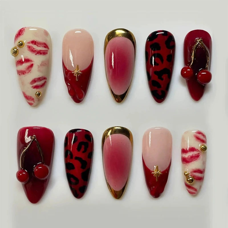 24Pcs Press on Nails, Silver Bow with Diamond with Glue Almond Nail Set