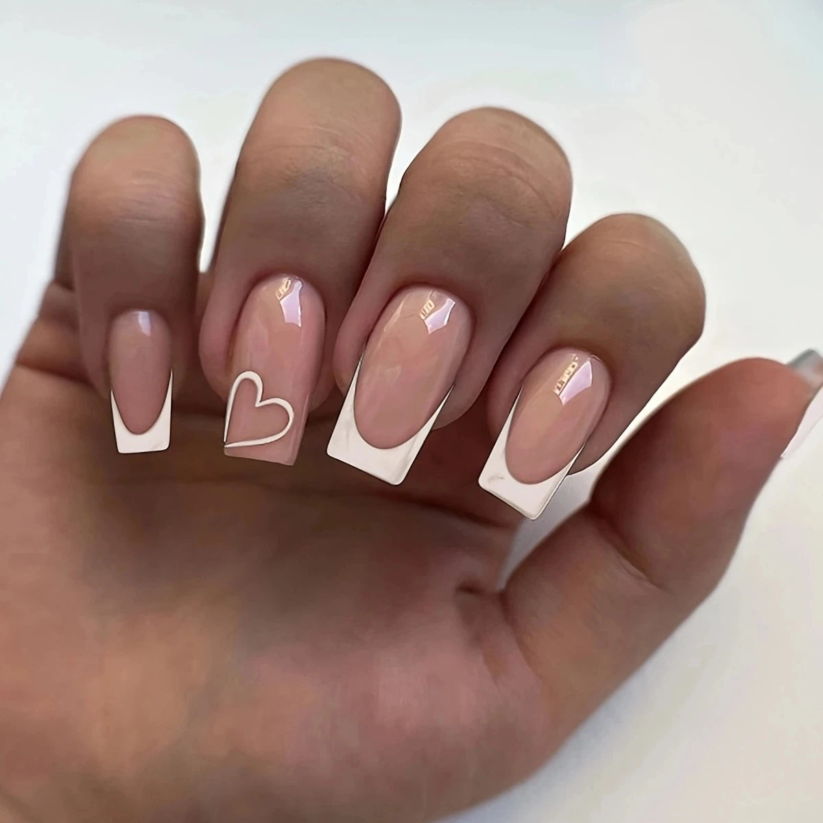 French Style Natural Nude White Tip Glossy Press On Nails