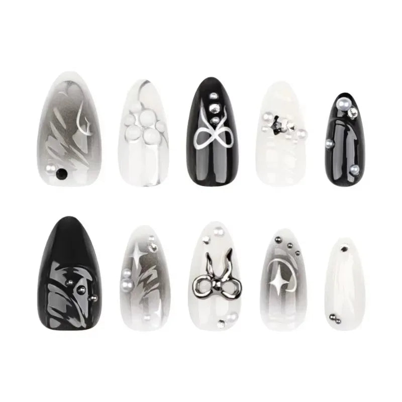 24Pcs Press on Nails, Silver Bow with Diamond with Glue Almond Nail Set