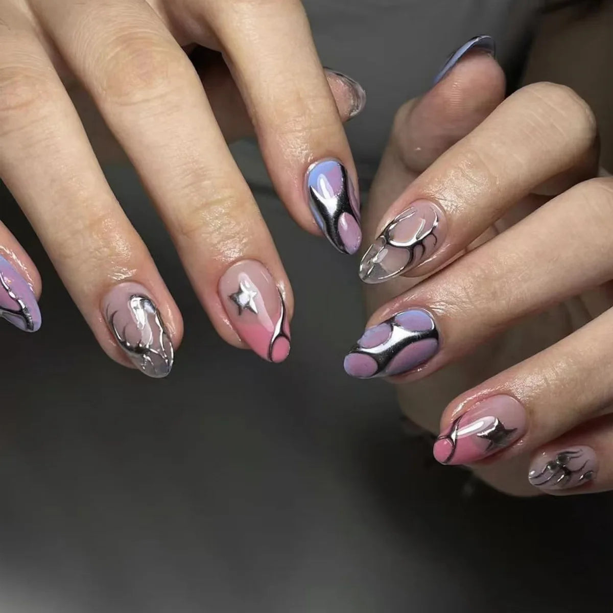 24Pcs Press on Nails, Silver Bow with Diamond with Glue Almond Nail Set