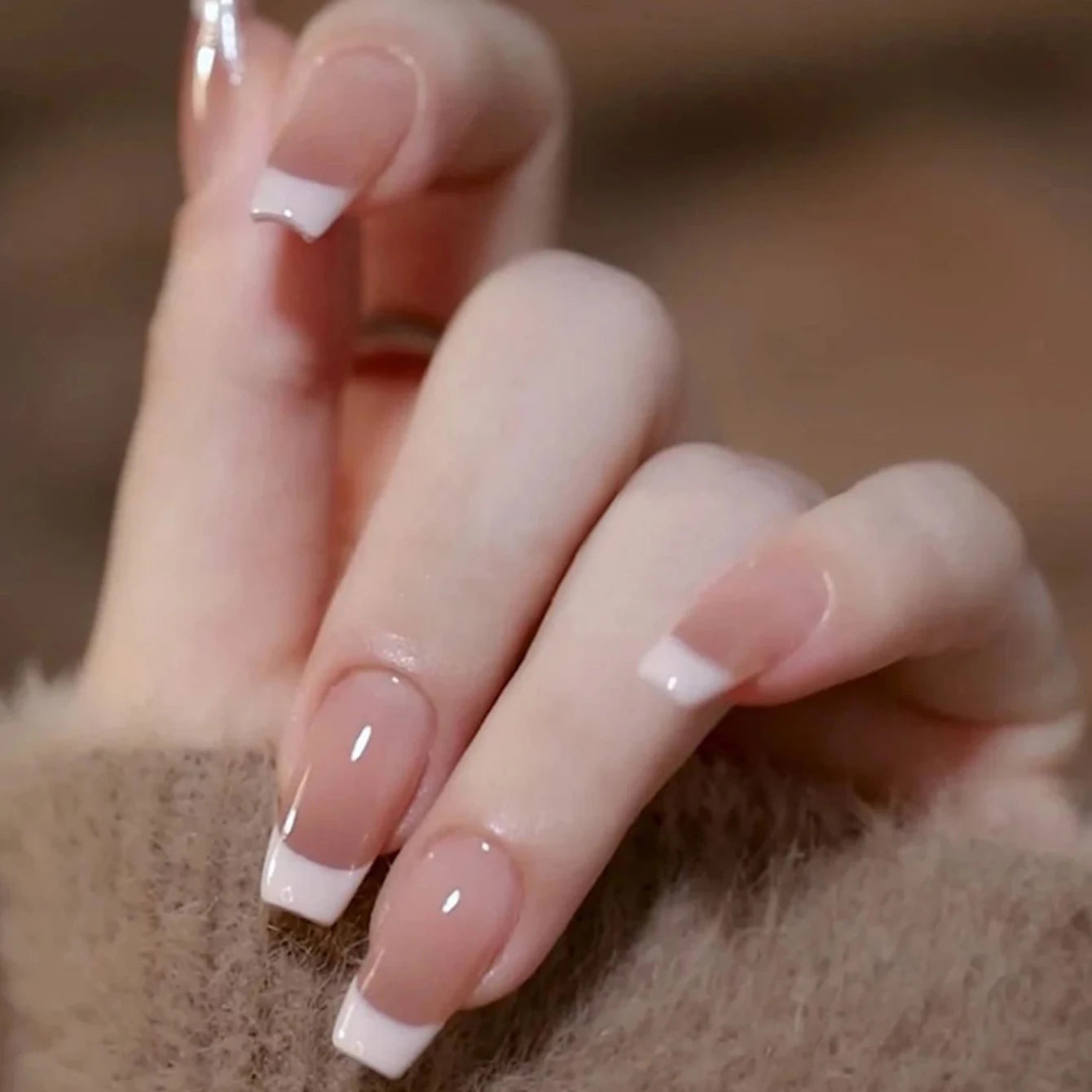 French Style Natural Nude White Tip Glossy Press On Nails