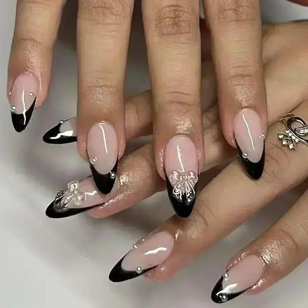 24Pcs Press on Nails, Silver Bow with Diamond with Glue Almond Nail Set