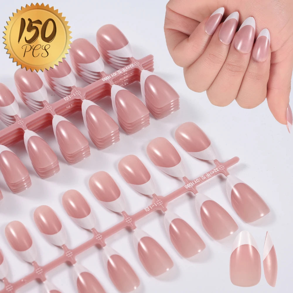 Nude Pink Almond French False Nails White Tip