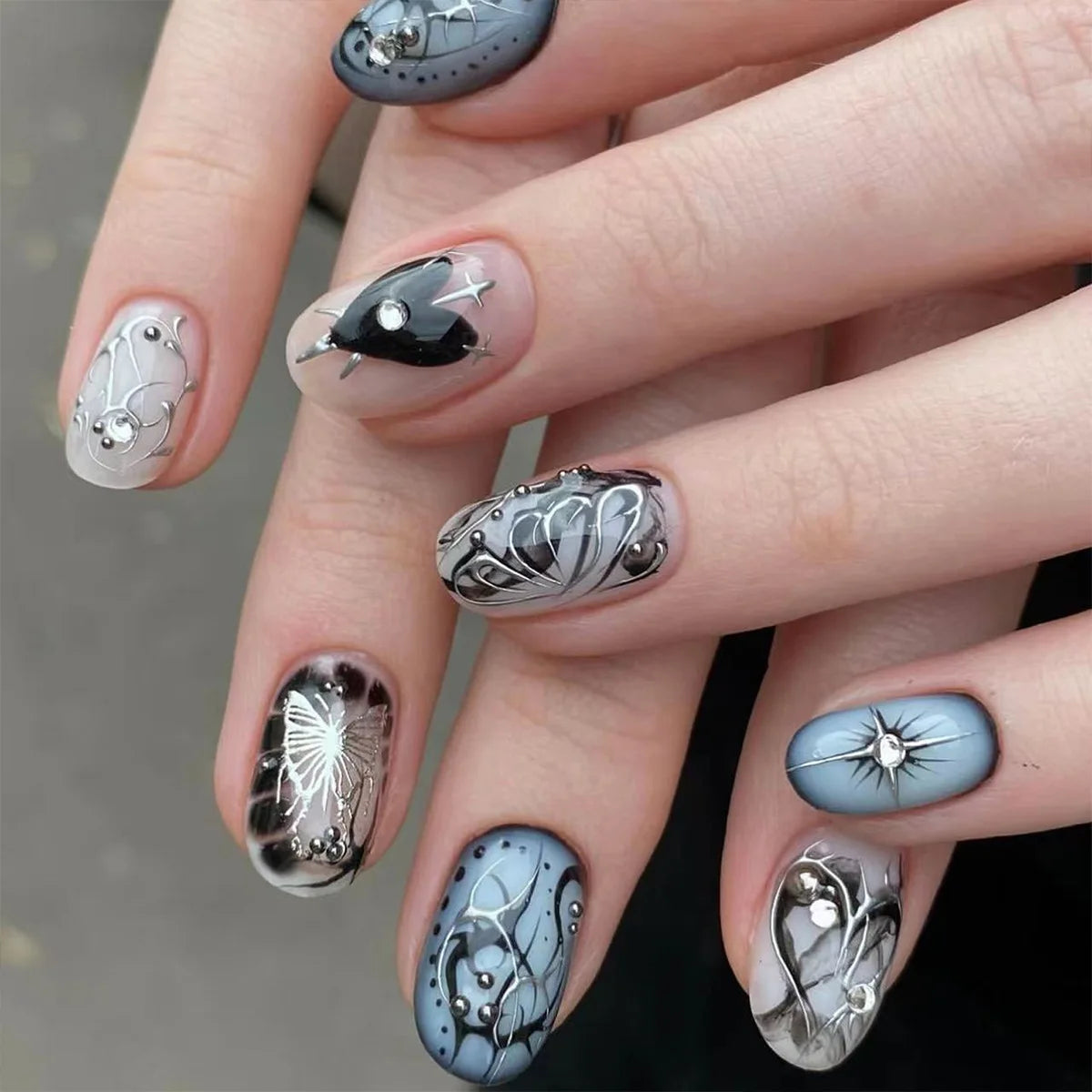24Pcs Press on Nails, Silver Bow with Diamond with Glue Almond Nail Set