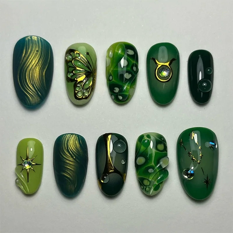 24Pcs Press on Nails, Silver Bow with Diamond with Glue Almond Nail Set