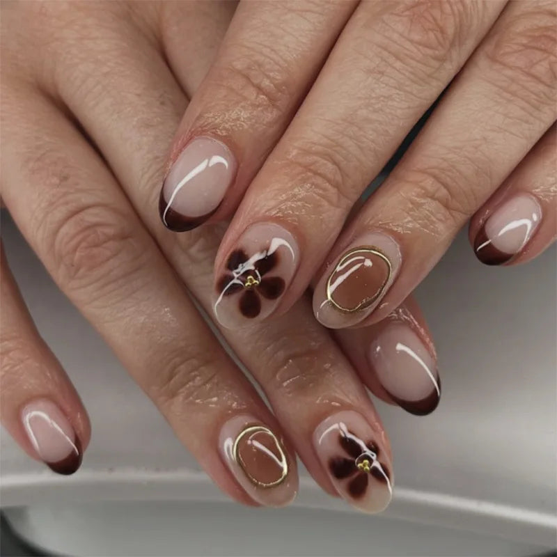 24Pcs Press on Nails, Silver Bow with Diamond with Glue Almond Nail Set