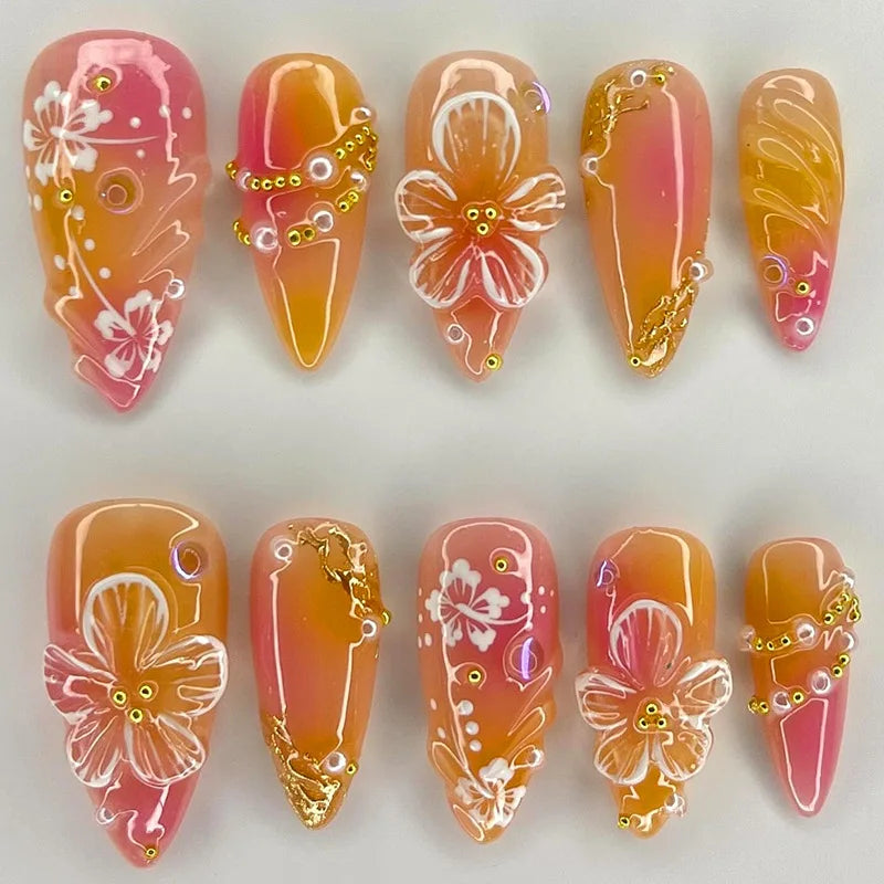 24pcs White Flower Press on Nail Tips
