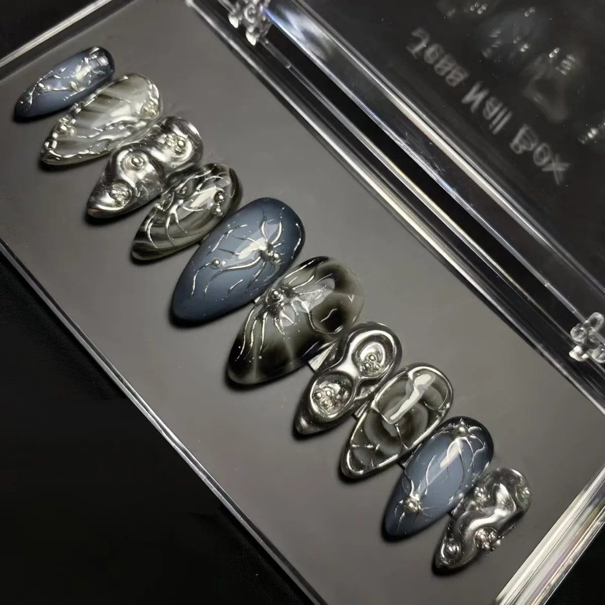 24Pcs Press on Nails, Silver Bow with Diamond with Glue Almond Nail Set