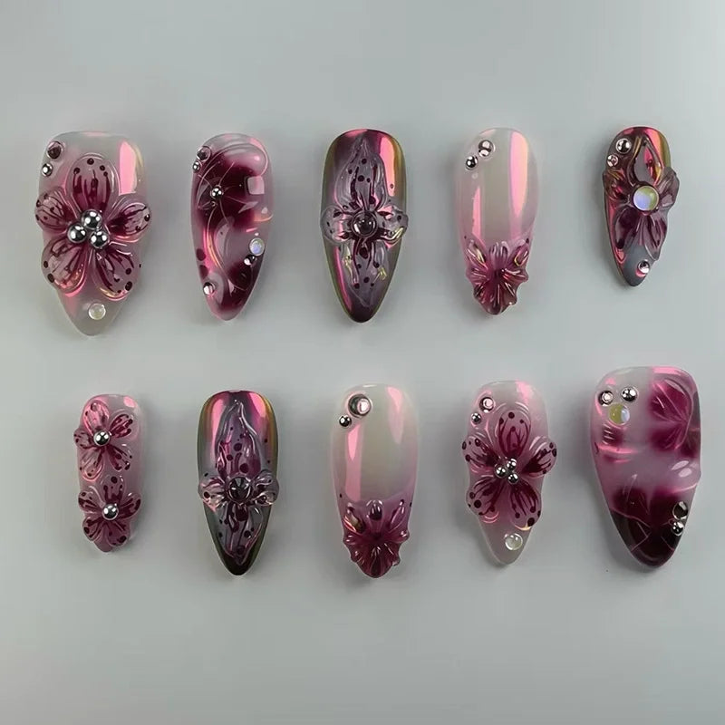24Pcs Press on Nails, Silver Bow with Diamond with Glue Almond Nail Set