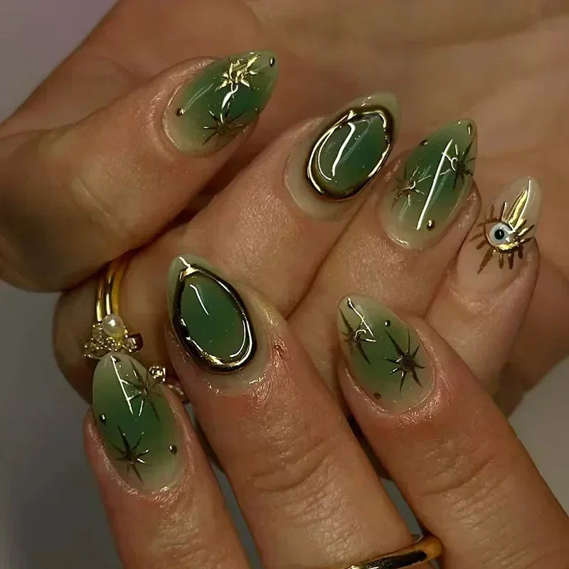 24Pcs Press on Nails, Silver Bow with Diamond with Glue Almond Nail Set