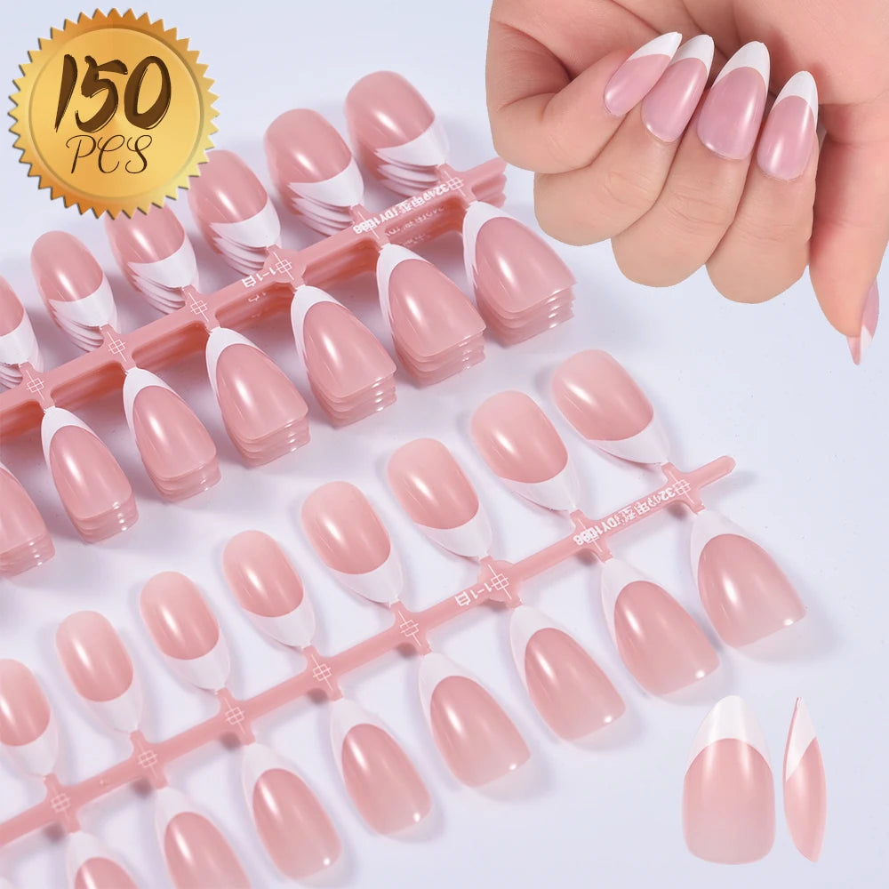 Nude Pink Almond French False Nails White Tip