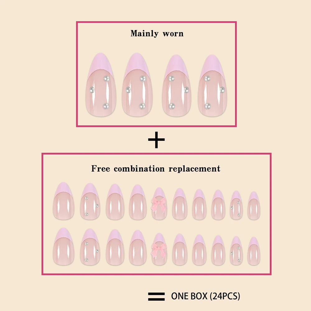 24Pcs Short Size French Water Droplet Pink Edges Nails Set