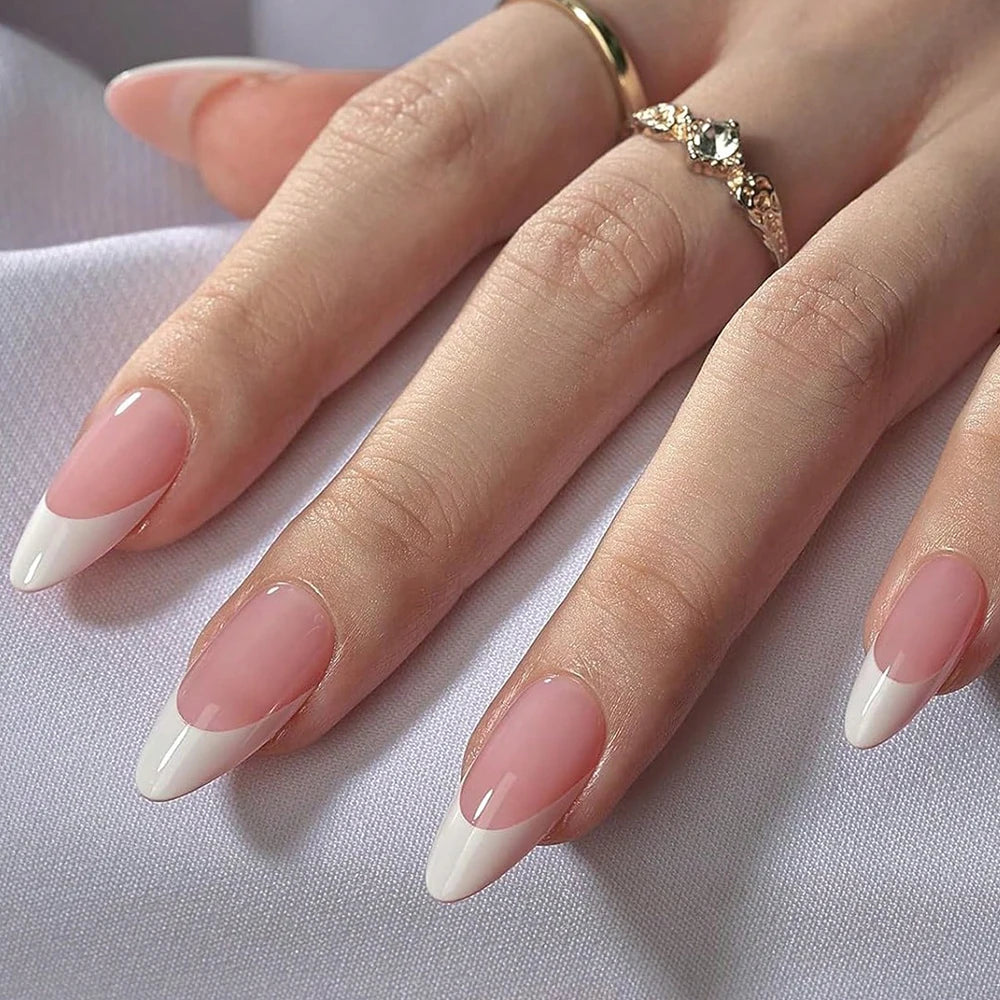 Nude Pink Almond French False Nails White Tip