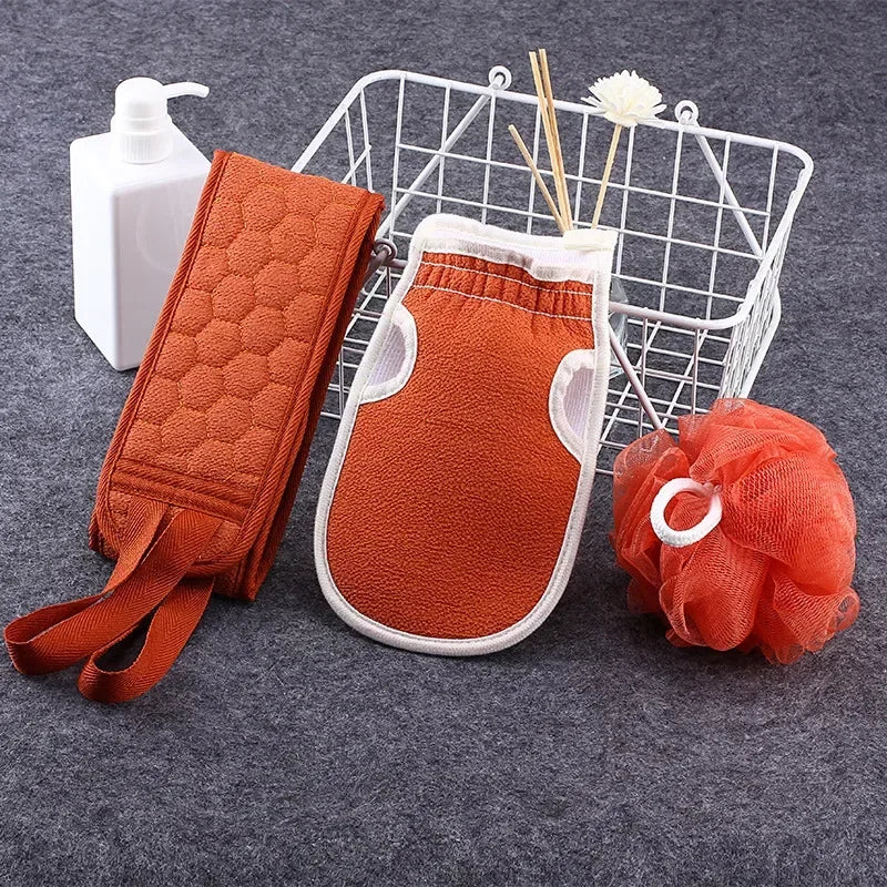 Bath towel shower three piece set, thickened mud cleaning bath ball combination set, pull back strip long back towel