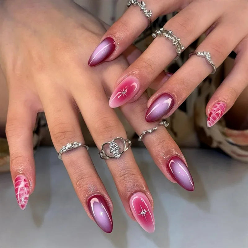 24Pcs Press on Nails, Silver Bow with Diamond with Glue Almond Nail Set