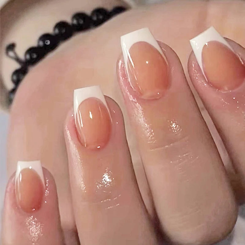 French Style Natural Nude White Tip Glossy Press On Nails
