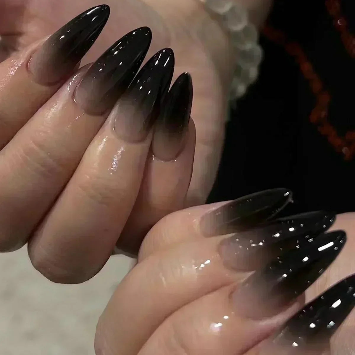 24Pcs Press on Nails, Silver Bow with Diamond with Glue Almond Nail Set