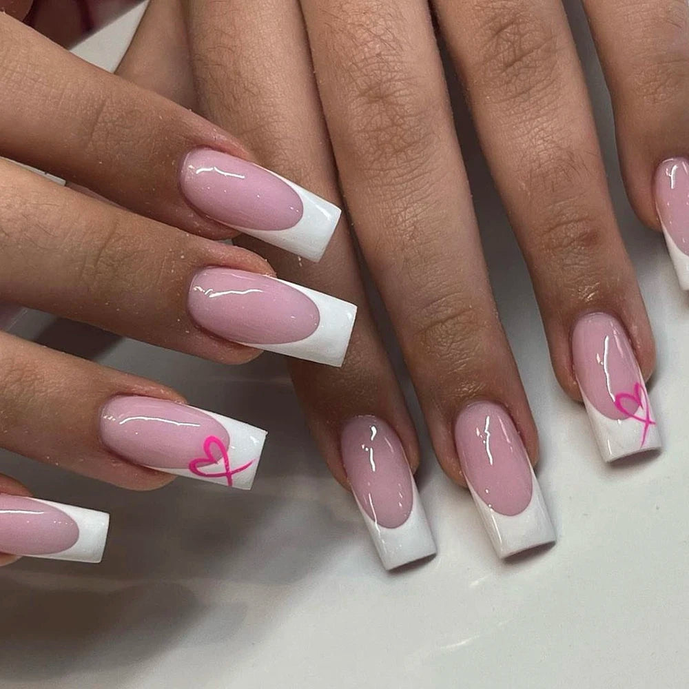 French Style Natural Nude White Tip Glossy Press On Nails