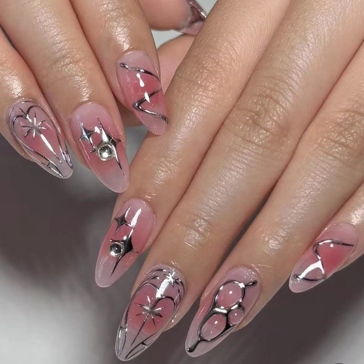 24Pcs Press on Nails, Silver Bow with Diamond with Glue Almond Nail Set