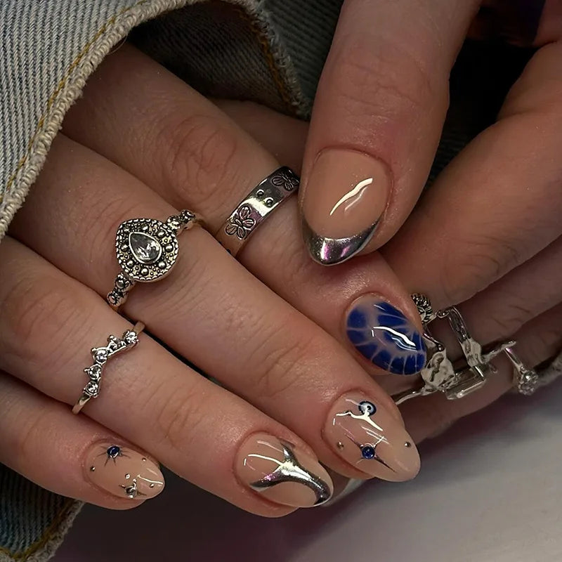 24Pcs Press on Nails, Silver Bow with Diamond with Glue Almond Nail Set