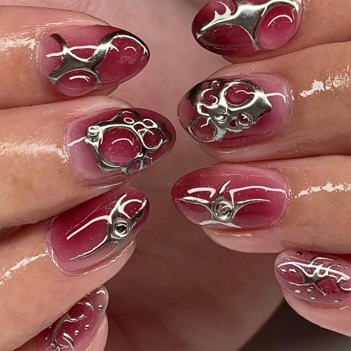 24Pcs Press on Nails, Silver Bow with Diamond with Glue Almond Nail Set