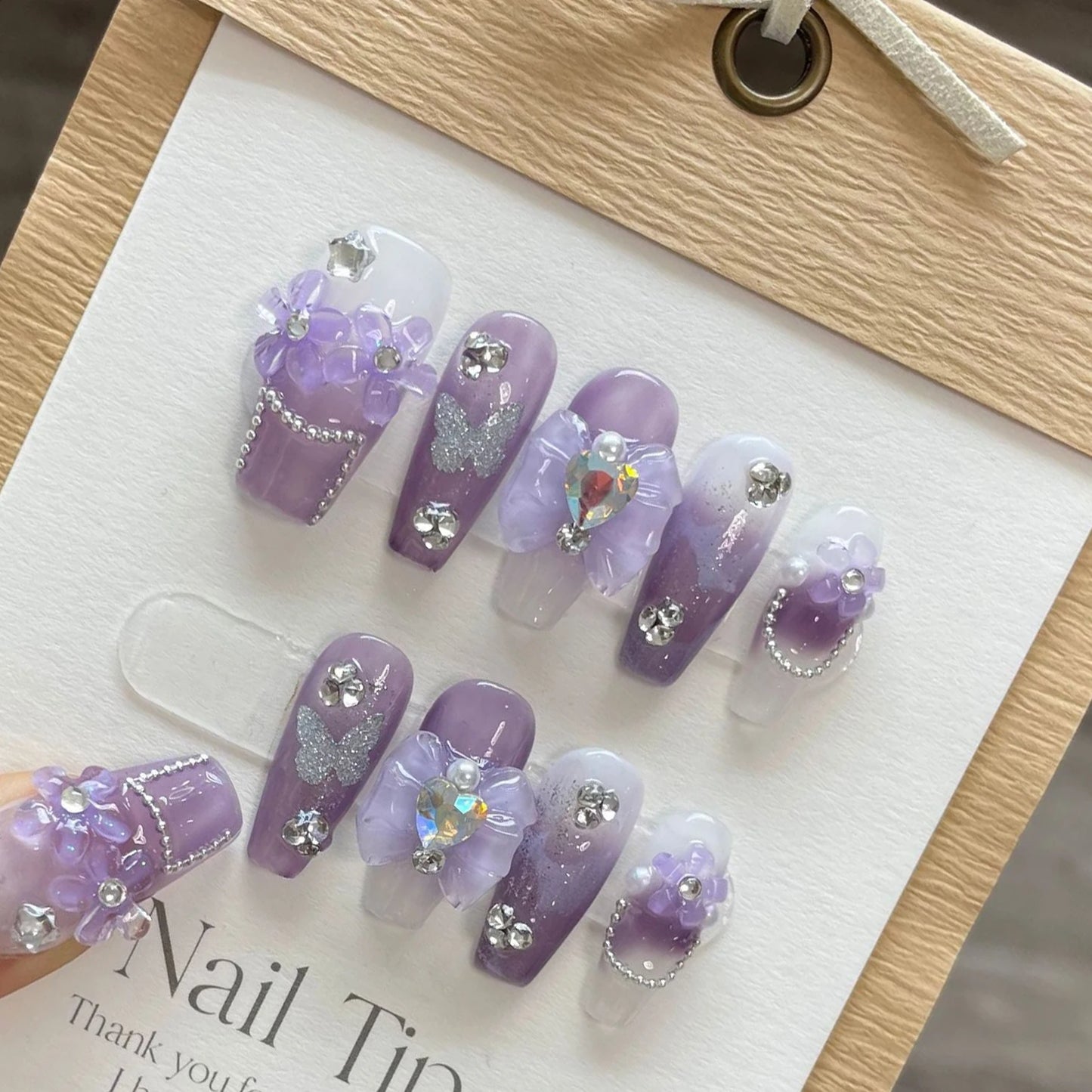 Purple Handmade 3D Flower Butterfly Designs press on Nails