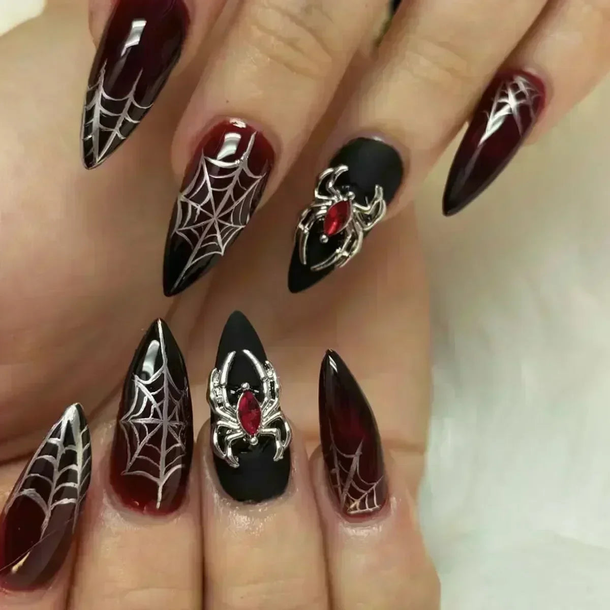 24Pcs Press on Nails, Silver Bow with Diamond with Glue Almond Nail Set