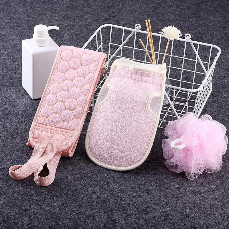 Bath towel shower three piece set, thickened mud cleaning bath ball combination set, pull back strip long back towel