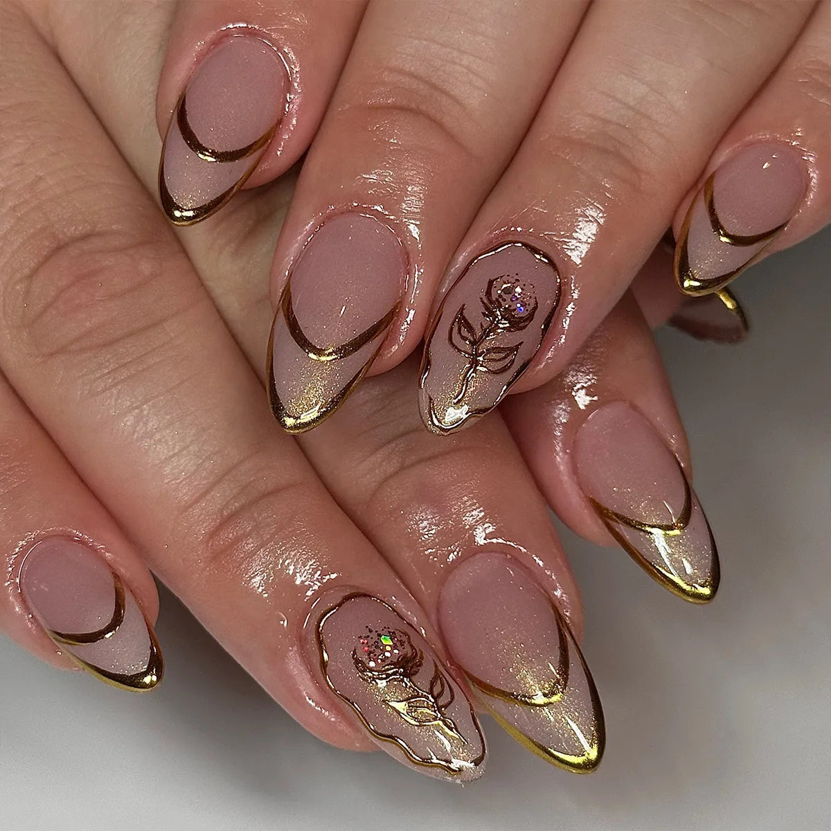24Pcs Press on Nails, Silver Bow with Diamond with Glue Almond Nail Set