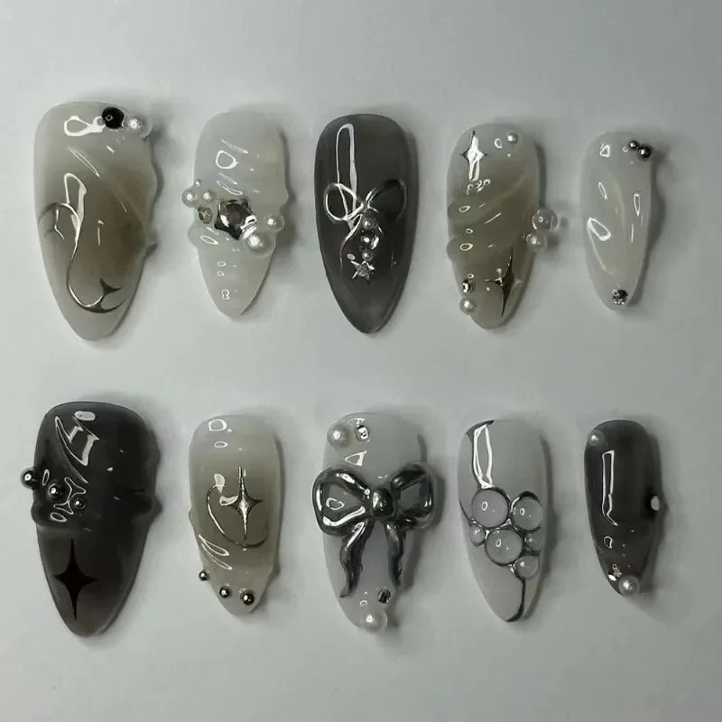 24Pcs Press on Nails, Silver Bow with Diamond with Glue Almond Nail Set