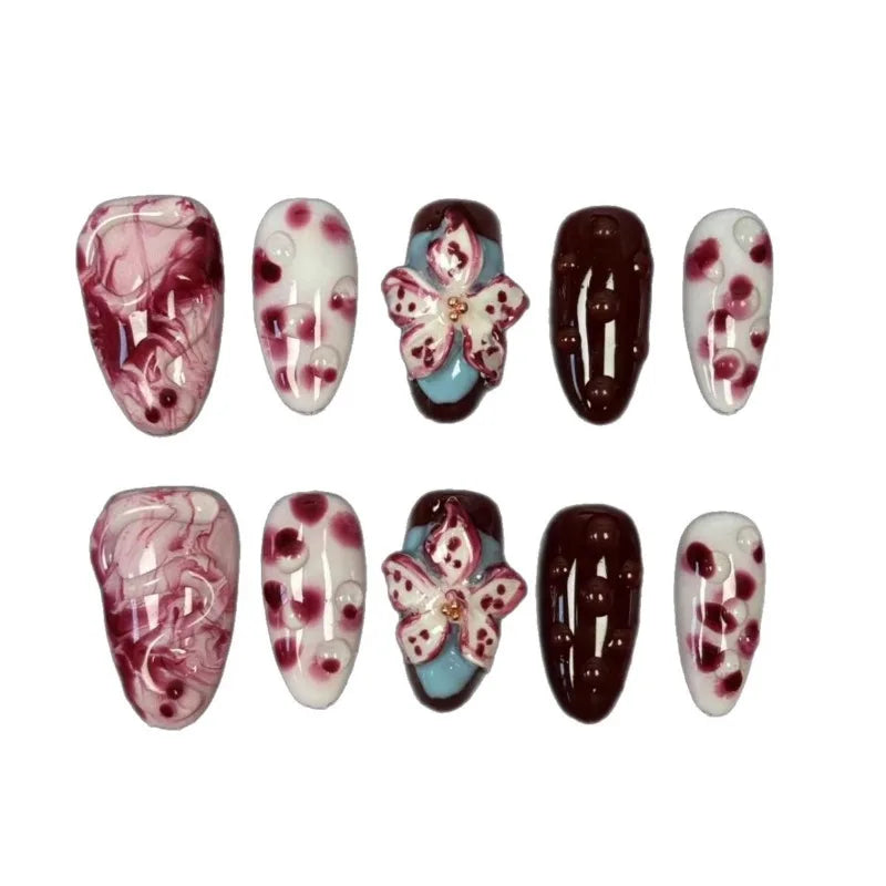 10Pcs Red Handmade 3D Carved White Flower False Nails