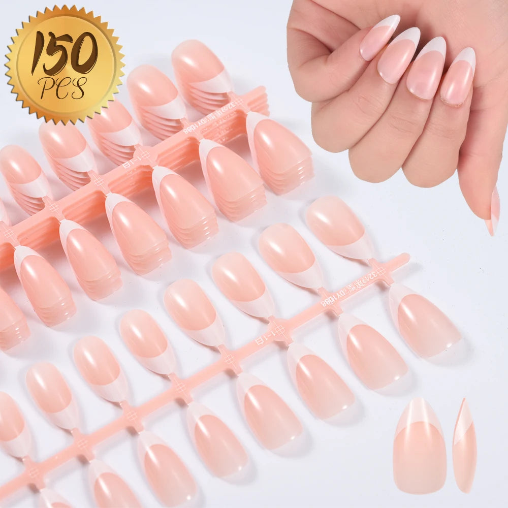 Nude Pink Almond French False Nails White Tip