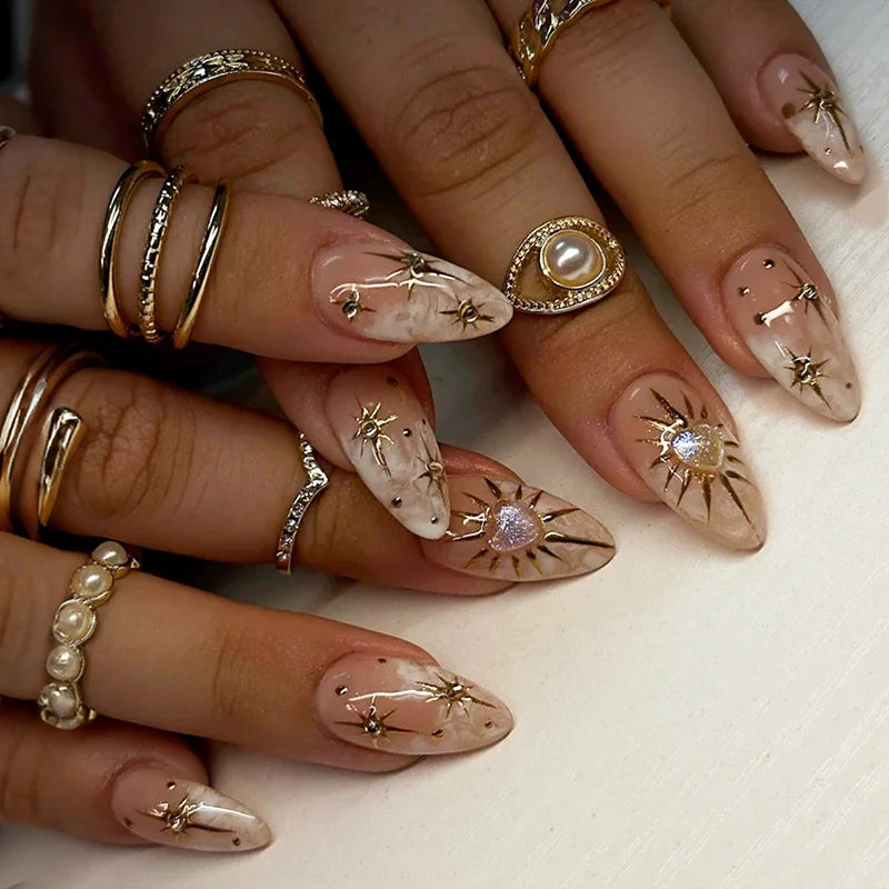 24Pcs Press on Nails, Silver Bow with Diamond with Glue Almond Nail Set