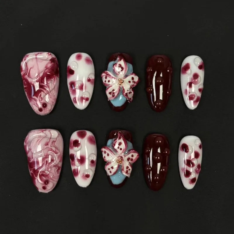 10Pcs Red Handmade 3D Carved White Flower False Nails