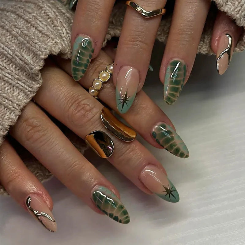 24Pcs Press on Nails, Silver Bow with Diamond with Glue Almond Nail Set