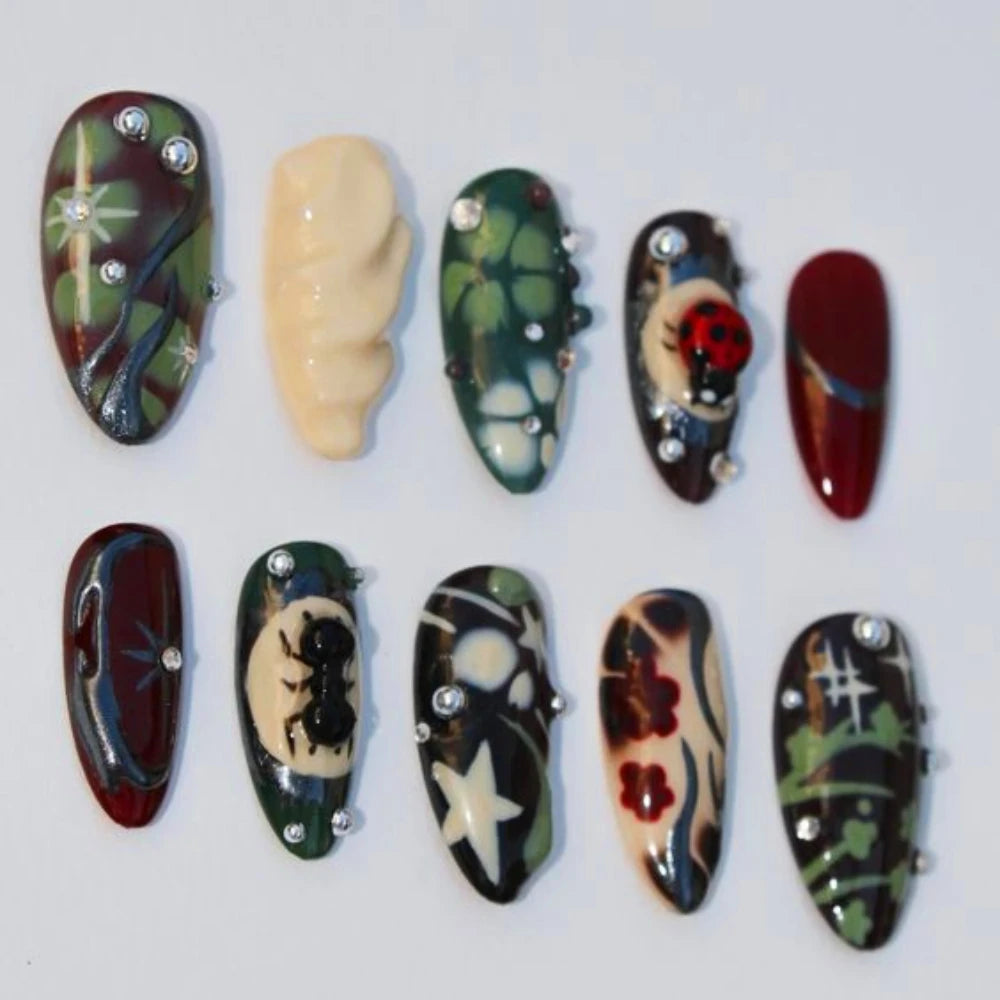 3D French Green Reusable Press On Nails