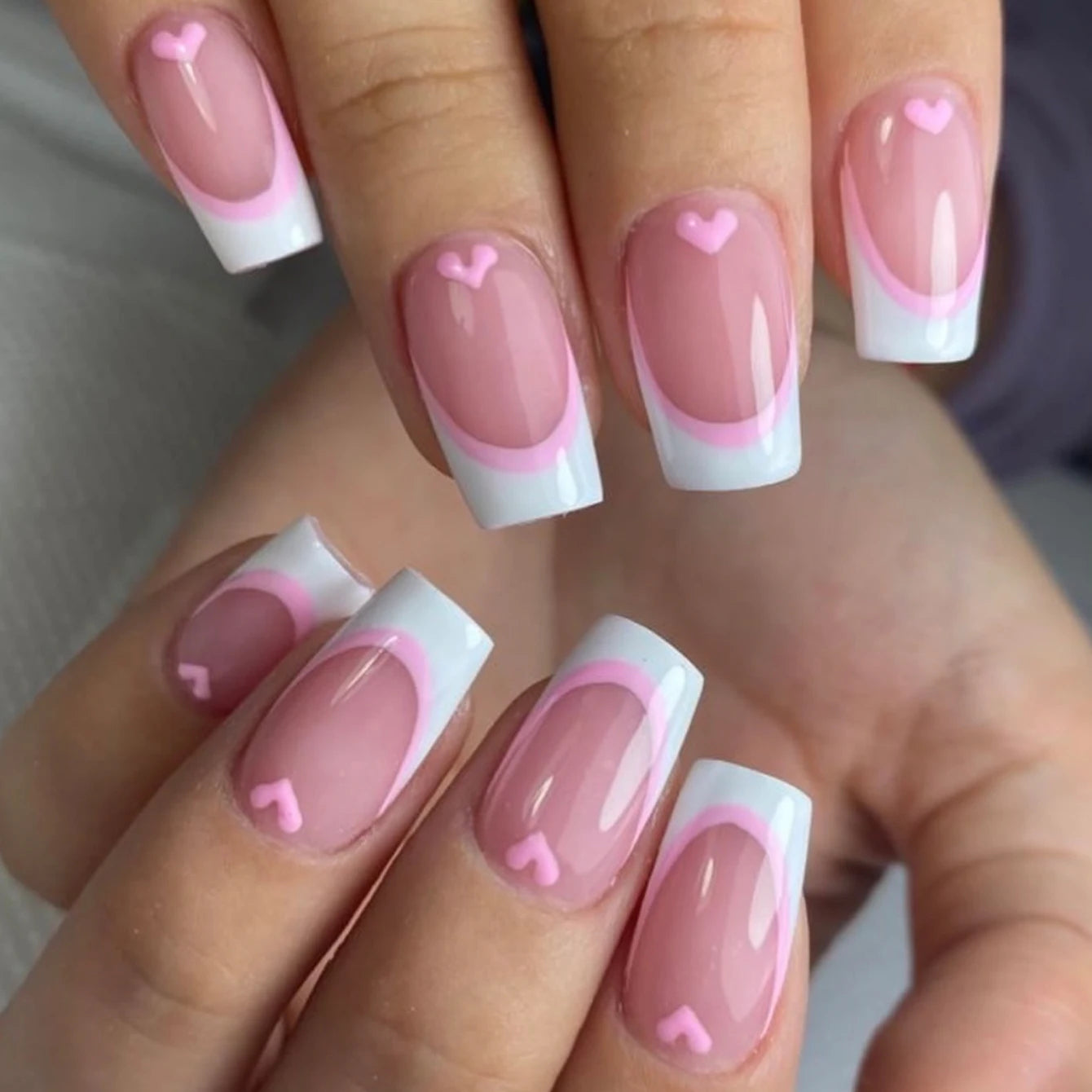 French Style Natural Nude White Tip Glossy Press On Nails